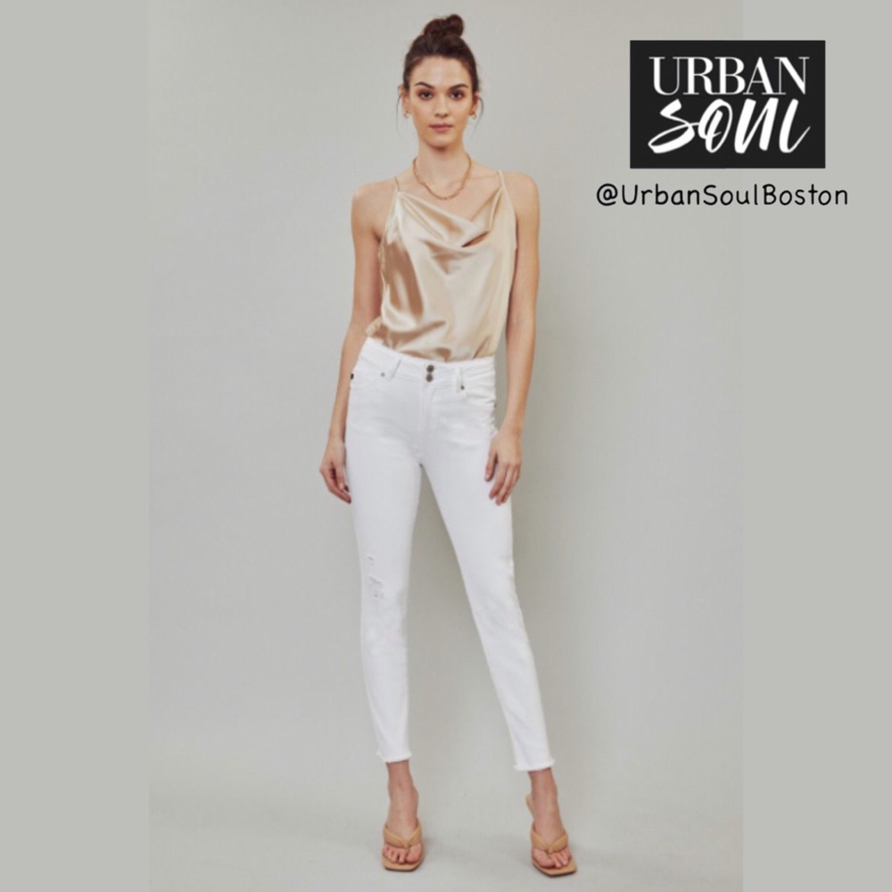 KanCan | High Rise Frayed Hem Double Button Skinny Jeans - White - KC7317WT - Picture 2 of 8